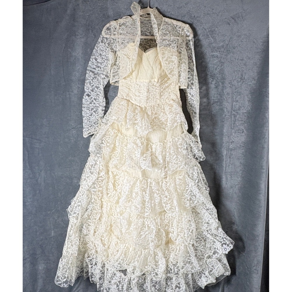 Vtg 1950s Ivory Lace Tulle Satin Strapless Boning Wedding  Dress w/ Bolero XS Sm